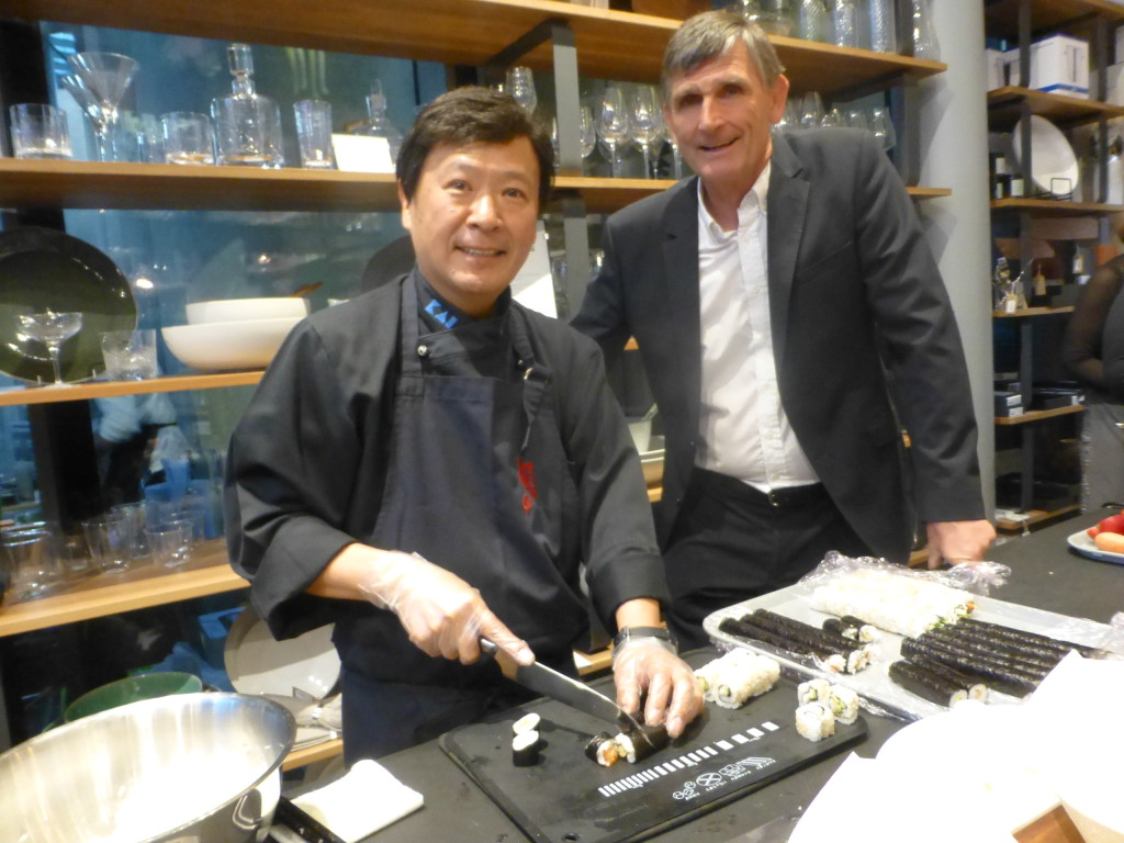 Above: Sushi chef Kiyoshi Hayamizu from Kai Japan with Alastair Fisher, md of Taylors Eye Witness, distributor for Kai Knives.