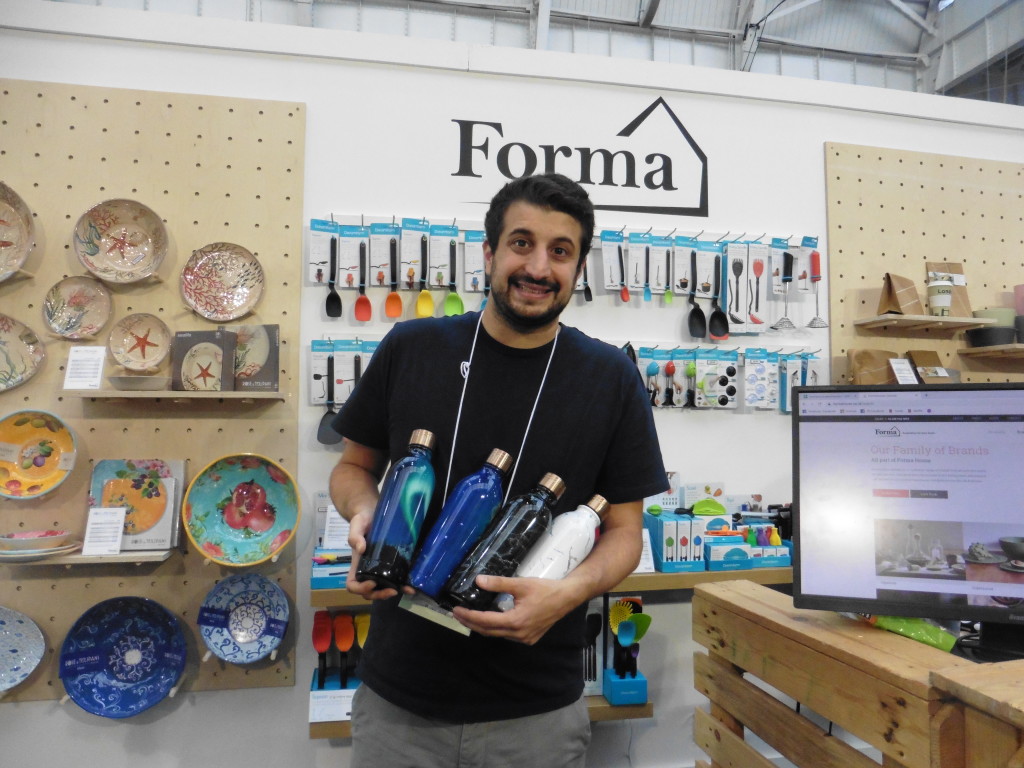 Top: Forma House launched three new colours at the show, in the company’s Concerto range. Simon Maghnagi, business development manager, also highlighted that Forma has updated its website to make it easy for customers to navigate. Simon is shown with re-usable bottles in the Eva Solo range.