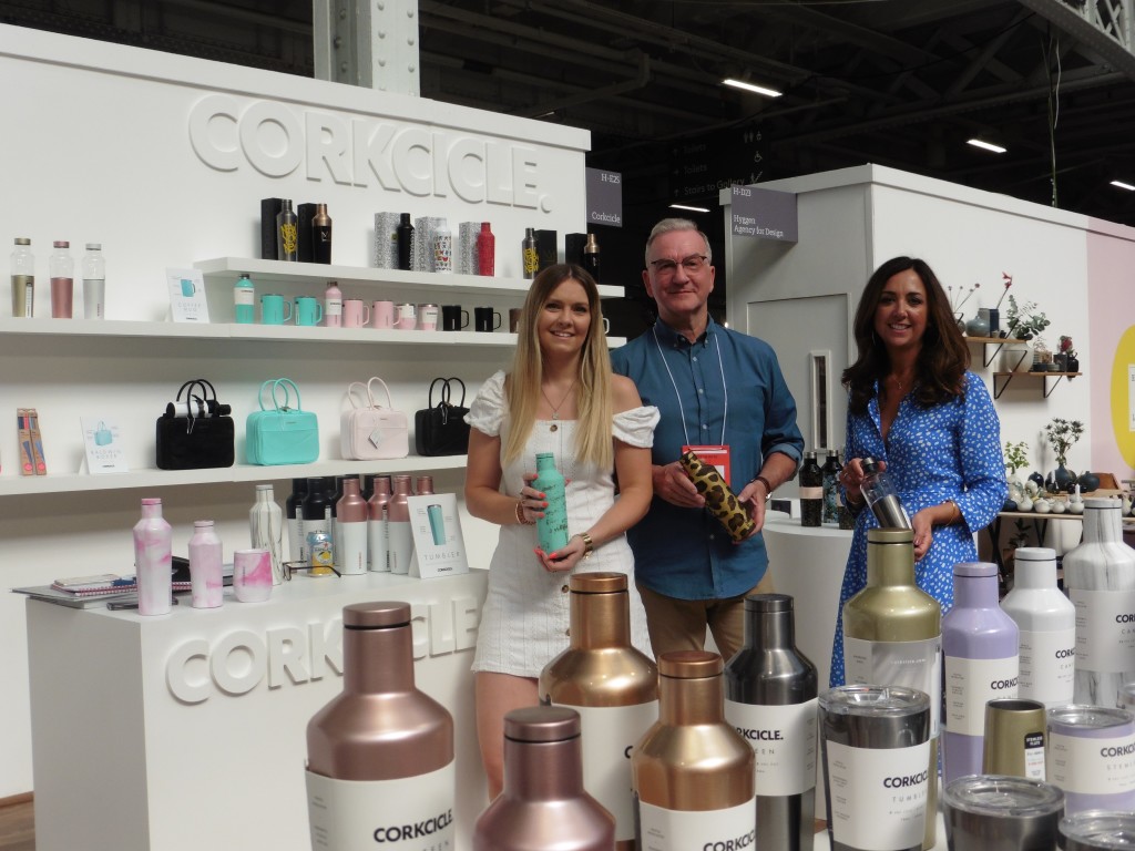 Above: Shown on the Corcicle stand are, from left to right: Kirstie Pendry, marketing associate; Jenny Dehlman, sales and marketing director and sales agent Tony Butler. New products at the show included hybrid re-usable bottles and the tripled walled Canteen collection.