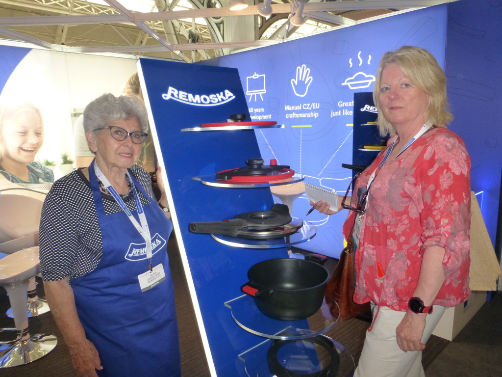 Above: Lady Milena Grenfell-Baines showing the Tria range to Jacqui Bennett from Cooks of Trentham at Exclusively Housewares in June.