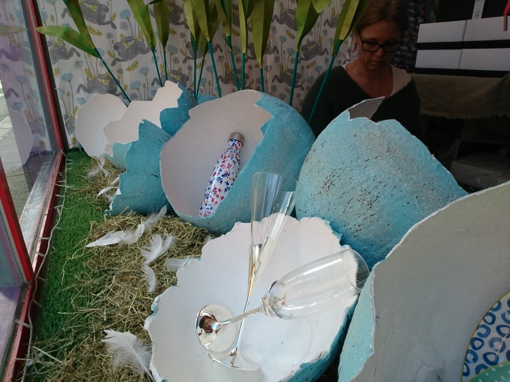 Above: The Easter Spring window with oversize eggs made using plaster of paris to display products.