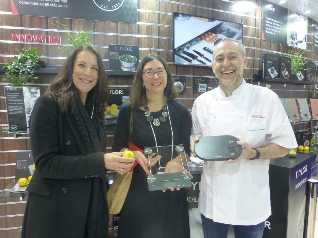 Above: Michel Roux Jr showing Taylor's touchless tare scales to HousewaresNews.net’s Emma Cain and Jo Howard at Spring Fair.