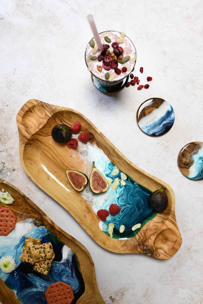 Above: Unique gift: Resin Coated Solid Olive Wood Bowls from Samantha Lois Illustrations.
