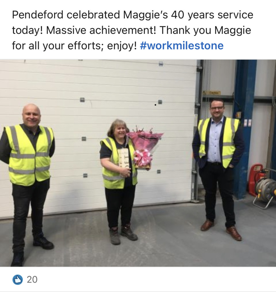 Above: Lee Parkin, md of Pendeford (right) and Andy Smith, general manager made a presentation to Maggie Brooker this month, marking her 40 years with the company.
