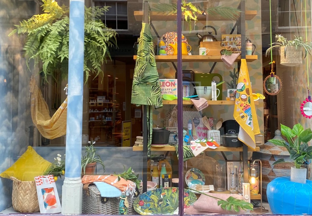 Above: Kitchen and Dining products in one of the Summer Brights Windows by independent department store Rossiters of Bath.