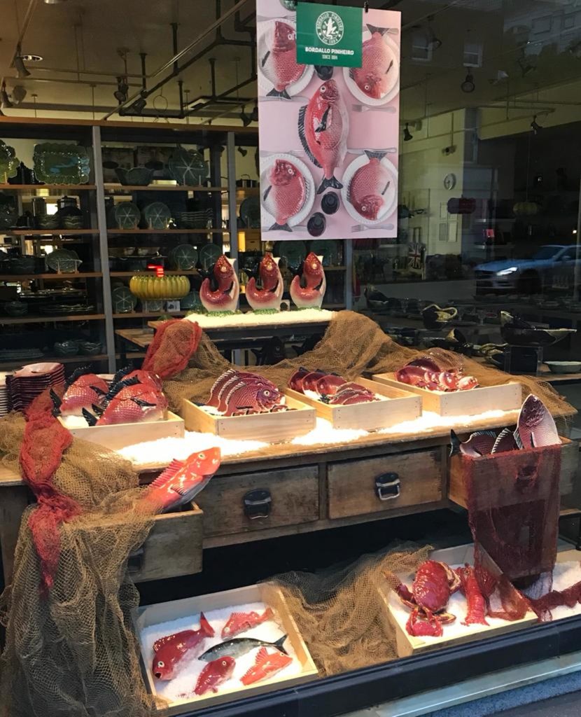 Above: Market style display for Bordallo Pinheiro fish plates at Divertimenti.