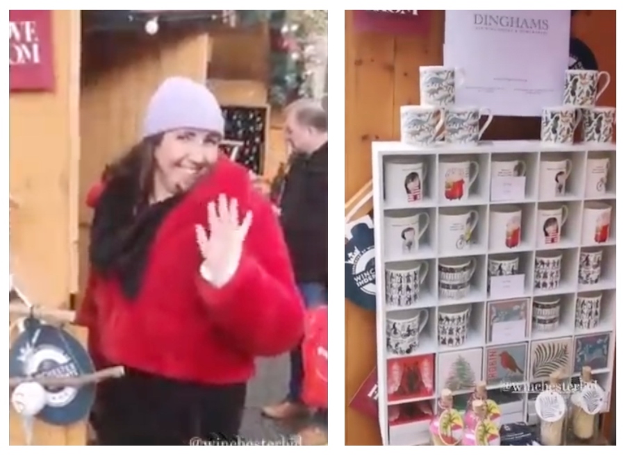 Above: Becca Hardingham at Dingham’s Winchester BID chalet at the Winchester Christmas Market, and mugs on display.