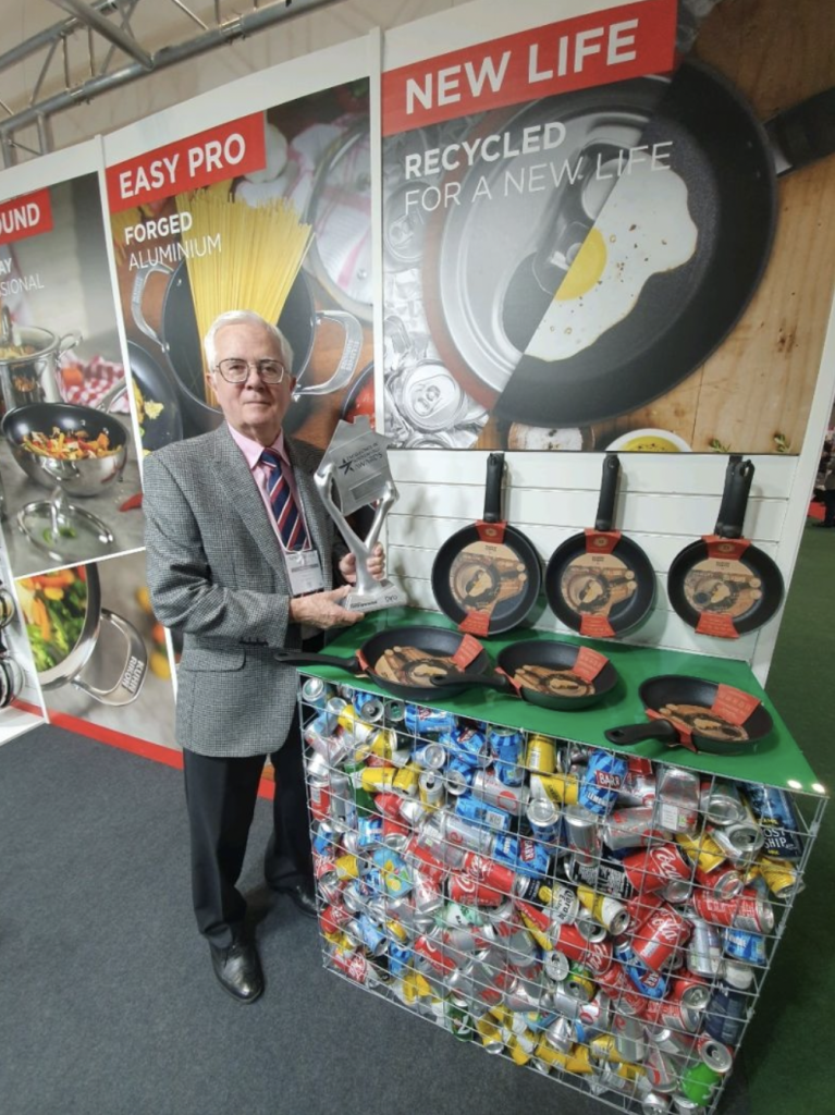 Above: John Margetts, Kuhn Rikon UK founder with Excellence in Housewares Eco Award winner New Life and at Spring Fair.