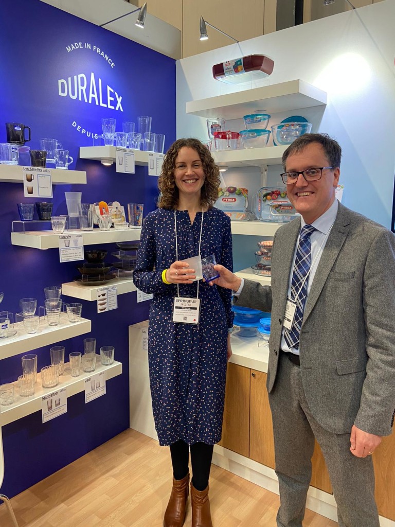 Above: Alexandra Blyth and Brian Rooney show the Duralex glassware range on the Pyrex stand.