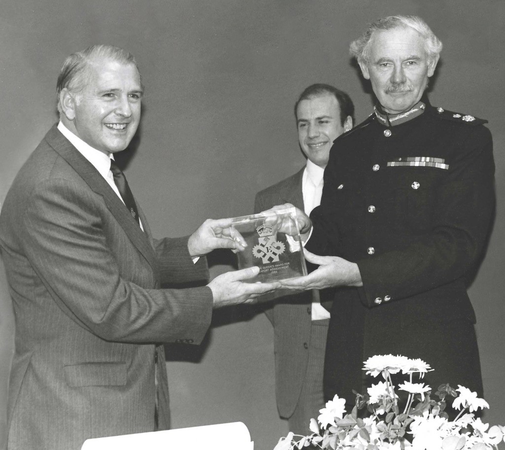 Above:  David Cowan receiving the Queens Award for Export from The Lord Lieutenant of Hampshire Sir James Scott in 1986, with his son Nicholas Cowan (DMD’s current chief executive).