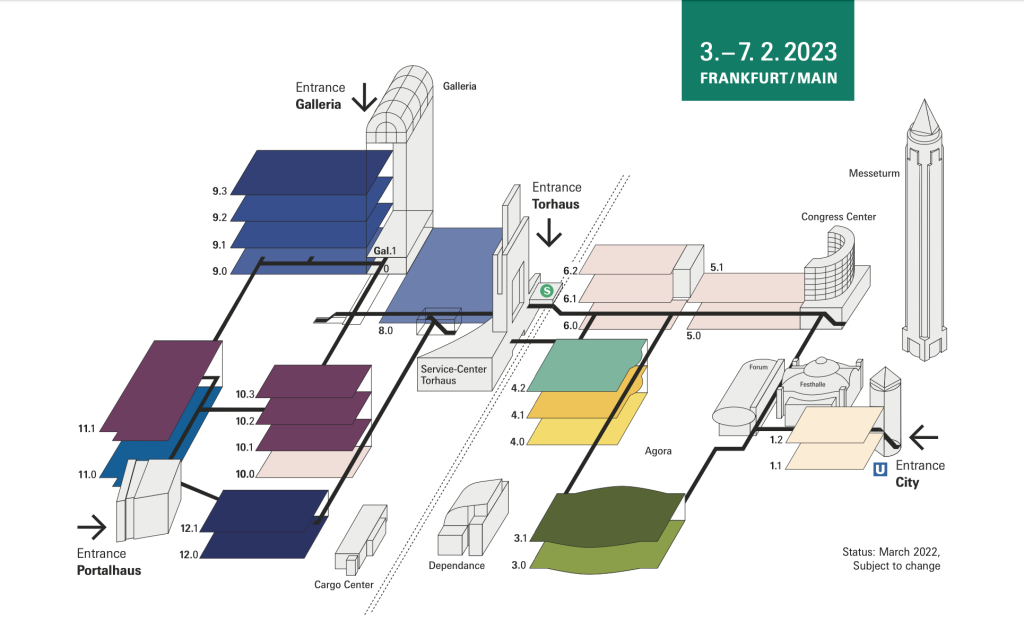 Above: The new layout for Ambiente 2023, with Dining halls (from 8 to 12) in blue.